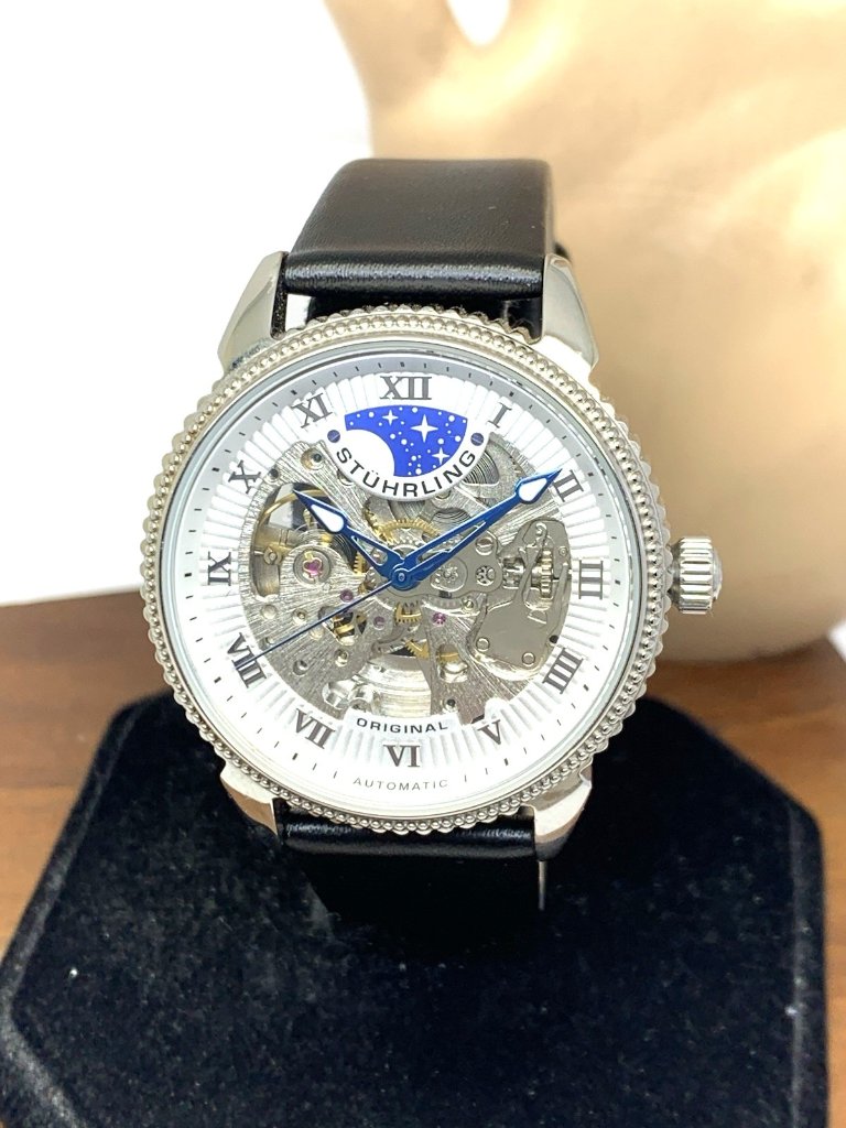 Stuhrling Mens Watch 3983 Automatic Skeleton Dial Silver Black Leather Band 40mm